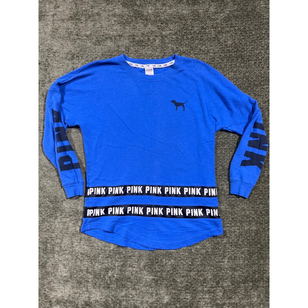 Pink Victoria's Secret Sweatshirt Womens M Blue Logo Taping Crew Neck L Sleeve